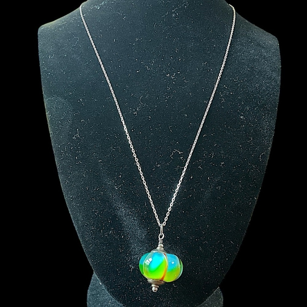 Chinese Sterling Silver Harlequin Huge Art Glass Pendant Necklace